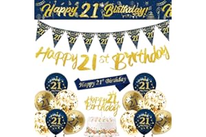 DEARLIVES 21st Birthday Decorations for Men - Blue and Gold Banner, Balloons, Bunting Flags, Sash, Cake Toppers - Party Supplies for Women