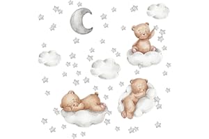 BIVOFU Pegatina de Pared de Oso en Las Nubes Pegatinas de Pared Pegatinas Infantiles Pared HabitacióN Infantil Adhesivos Con Osos, Nubes, Estrellas y Luna Ideal Para Habitaciones de BebéS
