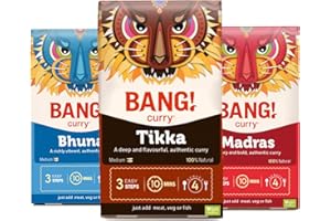 BANG CURRY Madras, Tikka, Bhuna Curry Sauce Kits | Authentic and Easy to use | Mild, Medium and Spicy restaurant style | Ready in 10 min | 100% natural, Vegan Friendly and Gluten free | 3 Pack - Serves 12