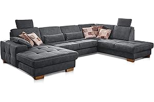 ‎CAVADORE CAVADORE Wohnlandschaft Puccino mit Federkern, Sitztiefenverstellung und 2 Kopfstützen / Sofa in U-Form im Landhausstil / 340 x 86 x 224 cm / Mikrofaser grau