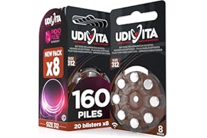 120 Piles Auditives Taille 312 Udivita PR41 (Marron) avec Technologie Phono Pulse Zinc-Air Hearing Evolution - 15 Blisters de 8 Piles
