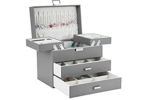 Dajasan Jewellery Box, Jewellery Storage, 4 Tier Jewellery Box with 2 Drawers, Large Jewellery Box for Rings, Earrings, Necklaces, Watches, Bracelets (Grey)
