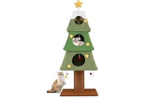 COSTWAY Drapak Bożonarodzeniowy, 162 cm, Drapak dla kota z grubym pniem, 3 jaskiniami dla kotów, dużą podstawą, gwiazdą i piłkami, meble dla kota w stylu choinki, duży drapak dla kota, Zielony+Brązowy