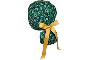 CALOMED Calot de Bloc Charlotte Chapeau Infirmière Bonnet en Tissu pour Personnels de Santé ou Pâtissier Modèle Pony Queue de Cheval Femme ou Homme Cheveux Longs (Plumes de Paon)