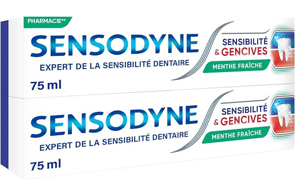 Sensodyne Dentifrice Sensibilité et Gencives, Menthe Fraîche, Traitement Des Dents Sensibles et Gencives, Lot de 2x75 ml