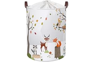 Clastyle Panier a Linge Bebe Blanc avec des Animaux Forêt, Chevreuil, Renards, Raton laveur, Arbre - Corbeille a Linge Enfant Pliable pour Jouets Vêtements, 36x45 cm, 45L