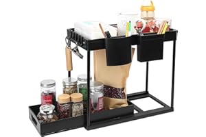 SZYILIDA Organizer Sottolavello Cucina Salvaspazio, 2 Livelli Organizer Cucina Dispensa Lavello, Scaffale Estraibile Portaoggetti Ripiano Cestello Estraibile Cucina per Organizzatore Cucina Bagno(Nero)