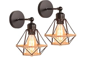 iDEGU 2 Piezas Lámpara de Pared Vintage Industrial 16CM Aplique Pared Interior Diseño Jaula en Metal con Cuerda de Cáñamo Ajustable Lámpara de Techo Iluminación de Pared para Dormitorio Pasillo Cocina