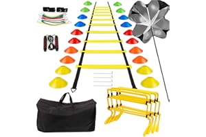 YHOTOGEA Fussball Trainingszubehör, Koordinationsleiter 6m mit 20 Hütchen, Einstellbar Hürden, Springseil, Widerstandsbänder, Widerstandsschirm,Fussball Trainingsset,Fussball Geschenke Jungen