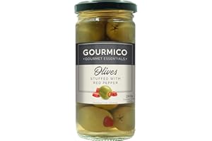 GOURMICO Hand-Stuffed Green Olives with Red Pepper, An Ideal Condiment for Goat's Cheese, Smoked Meats & Salads or Paired with Various Cocktails. Suitable for Vegetarians, 240g Glass Jar