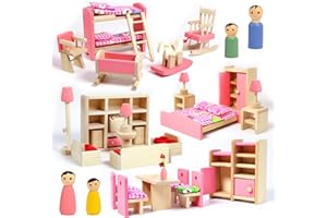 SEKEPINGO 33PCS Wooden Dollhouse Furniture Set,Doll House Furniture with 4 Family Dollss,Including Children's Room,Bedroom,Living Room,Dining Room Accessories for Pretend Play for Boys Girls & Kids