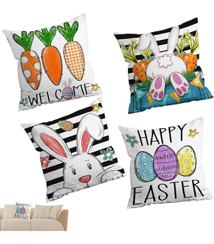 Federa per cuscino con uova di Pasqua, coniglietto, fiori primaverili, copertura decorativa quadrata, decorazione per la stanza, cuscino per divano, 20 x 20 cm, con cerniera. - Italia