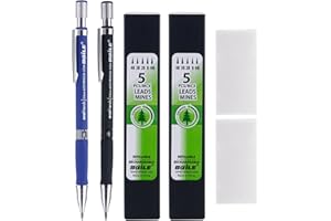 BEMEMO 2 Pezzi Matite Meccaniche 2.0 mm 2B con 2 Ricariche di Piombo e 2 Pezzi Gomma per Cancellare per Disegno della Bozza, Falegname, Lavorazione, Schizzi d'Arte (Blu e Nero)