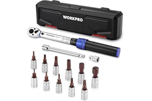 WORKPRO Clé Dynamométrique 1/4’’, Clef Dynamométrique Vélo 2-26N.m, Précision ±3%, 72 Dents, Tête à Cliquet Réversible, Barre d'Extension, Adaptateur 1/4’’X3/8’’, 11 Douilles Torx/Hexagonal pour Vélo