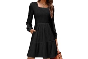 Zeagoo Abito da donna a maniche lunghe, abito autunnale, linea A, maniche a sbuffo, elegante, lavorato a maglia, lunghezza al ginocchio, con tasche, per autunno e inverno, S-XXL