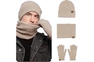 MARUKO Mütze Schal Handschuhe Set Herren Winter Warm Beanie Mütze Schal und Touchscreen Handschuhe Set mit Fleece Gefüttert Strickmütze Winterhandschuhe Schlauchschal Set (Khaki)