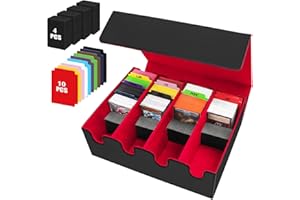 VEUWOLM Caja de Tarjetas para Más de 2800+ Tarjetas, Cajas de Almacenamiento de Tarjetas Coleccionables con 10 Divisores, Cajas de Cubierta Magnéticas Premium, para Tarjetas TCG Magic(Negro Rojo)