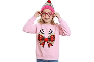 Momkonzz Kids Christmas Jumper for Toddler Girls Xmas Sweatshirts Tween Shinny Bow Antler Print Pullover Top Cotton 3-12Y