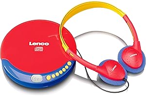 Lenco CD-021 - Lettore CD portatile per bambini, con riduzione del volume, con cavo di ricarica, colore: rosso/blu