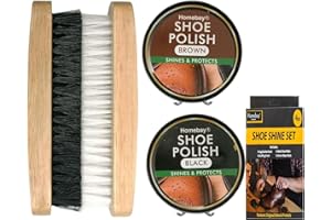 HOMEBAY 4pc Shoe Brush & Wax Polish Set (Black & Brown) | Traditional Leather Shine Shoe Polish Kit Boot Polish Brush Kit - Includes Applicator Shoe Brush, Buffing Brush, Black & Brown Polish