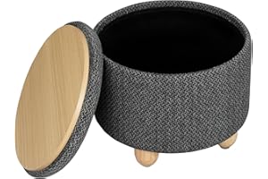 WOLTU Taburete Redondo de Almacenamiento, Puff Baúl Almacenaje con Tapa Bandeja Extraíble, Reposapiés Sofá Multiusos, Asiento de Lino Grueso, Ø 39x33 cm, Gris Oscuro