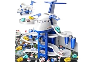 TEMI Kinder Flugzeug Spielzeug Rennstrecke Auto Spielzeug für 3 4 5 6 7 Jungen zu Transformed Flugzeug Garage Abenteuer mit 8 City Cars für Kleinkind Alter 2-6