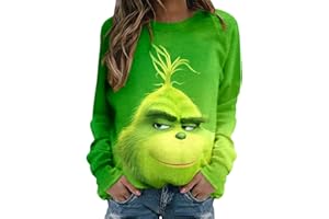 SONNENA Grinch Costume Maglione Natalizio a Maniche Lunghe Felpa da Donna Top Felpa Girocollo con Stampa Mostro Verde Natalizio Elegante Stampa T Shirt