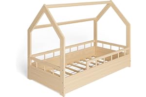 MS FACTORY Lit Enfant Bébé Maison 80x160 cm - Lit en Massif Cabane avec Protection Anti-retombée, Barrière Sécurité - Style Scandinave Montessori - Bois Demi-barrières