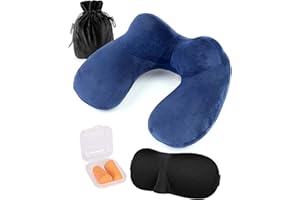 JEJA Cuscino da Viaggio, Cuscino Aereo Viaggio, Cuscino da Viaggio Gonfiabile, con Maschera e Auricolari, Perfetto per Auto Aereo Ufficio e Domestico, Blu