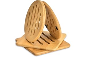 Wuudi Odporne na wysokie temperatury bambusowe podkładki stołowe, naturalne, nadające się do prania, bambusowe podstawki, do garnków kuchennych, patelni i talerzy, zestaw 4 szt. (2 x okrągłe i 2 x