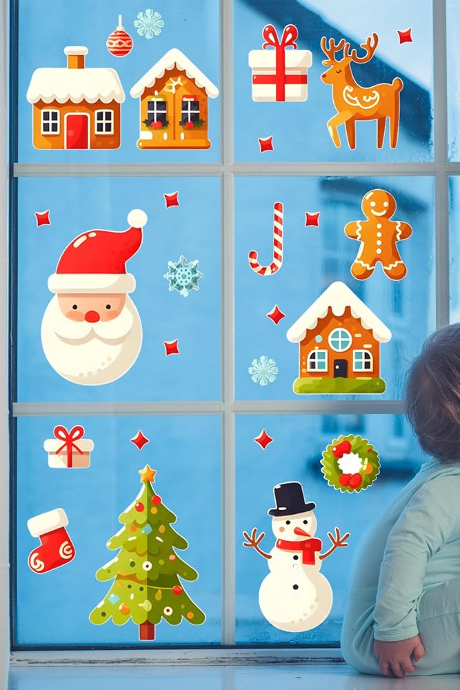 Yılbaşı Pencere Sticker Seti, Noel Temalı Kendinden Yapışkanlı Duvar Çıkartmaları, Çocuk Odası ve Vitrin Süslemeleri (Karlı Evler ve Çam Ağacı)