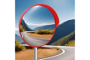 WODHMIEY Outdoor Convex Traffic Mirror with Sun Visor 30/45/60 cm Wide Angle Safety Mirror Impact Resistant PC Lens Pole Mountable for Driveway Road Garage Warehouse Use Red Warning Back