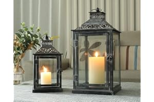 JHY DESIGN Zestaw 2 czarnych latarni lampionów o szarym odcieniu dekoracyjne lampiony metalowe na imprezy w domu i na zewnątrz, na wesela, wiszący lampion w stylu vintage