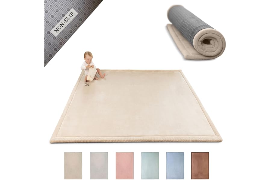 Premium Large Velvet Baby Play Mat 200x150x2.5cm, Beige – High-Density Memory Foam Area Rug – Stylish Playmat for Floor with Non-Slip Backing for Crawling, Soft Play & Tummy Time - Easy Care Rug