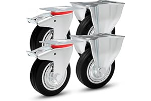 PRIOstahl TR-Set-1 Transportrollen Schwerlastrollen 4 Stück Bockrollen & 2X Lenkrolle mit Bremse | 75mm Durchmesser | Gummi Schwarz | Vollgummi mit Stahlfelge