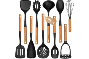 Stort silikonköksredskapsset, 10-delars non-stick köksredskap set med trähandtag, värmebeständiga silikonredskap för matlagni