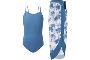 Naiyafly Girls One Piece Swimsuit with Cover Up Wrap Skirt Set Tropical Sequin Girls Swimsuit Cool Printed Bathing Suit Girls Beach Swimwear 9-14 Years