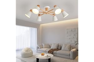 YOODI Plafonnier Moderne, 6-Lumières Lampe Plafond, Suspension, Blanc Lustre en Métal et Bois Massif E27 Base Max 40W Lampe de Plafond pour Salon, Chambre, Cuisine (Ampoule non incluse)
