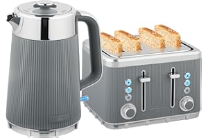 HOMCOM Electric Stainless Steel Kettle and Toaster Set, 3000W 1.7L UK Strix Thermostat Fast Boil Kettle w/Limescale Filter, Cool Touch Body, 4 Slice Toaster with 7 Browning Levels, Crumb Tray, Grey