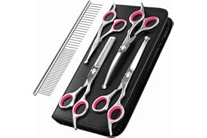 Pawaboo Zestaw nożyczek do pielęgnacji psa, 5 sztuk, profesjonalne nożyczki do salonu dla psów, nożyczek do pielęgnacji sierści, nożyczek do cięcia sierści, z okrągłą końcówką zabezpieczającą, dla