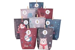 ONBAGLST Adventskalender zum Befüllen mit 24 Geschenktüten und 24 Nummernaufklebern sowie Holzklammern, weihnachtstüten zum befüllen, Geschenke und Advent.