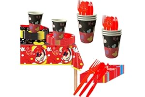 BIRBANN Stoviglie Per Festa Di Compleanno Topolino - Kit Con Tazze, Piatti, Tovaglia, Tovaglioli, Bandierine, Forchette Per Bambini