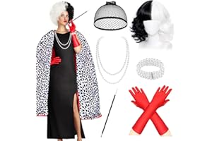 UxClishe 7 Pcs Cruella Costume Accessories Set, Cruella Fancy Dress Kit with Cape Gloves Wig for World Book Day