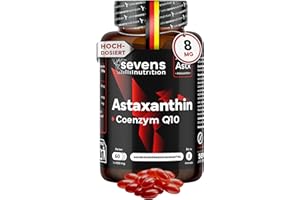 ‎SEVENS NUTRITION Astaxanthin hochdosiert 8 mg + Coenzym Q10 – Premiumrohstoff AstaPure® aus Mikroalge Haematococcus pluvialis – 60 Softgel Kapseln mit nativem Olivenöl – rein natürlich – Sevens