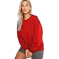 LEOTUDE Women's Boyfriend/Loose Fit Round Neck Loopknit Sweatshirt (Red Color)