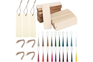 ZOCONE Blank Wood Bookmarks Set, 36 PCS Wood Bookmark+36 PCS Colorful Tassels+36 PCS Rope, Rectangle DIY Bookmarks for Adults Kids Make DIY Creative Wood Craft Bookmark,12 * 3.2CM