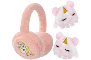 BTHRORO Paraorecchie con Guanti per Ragazze, Unicorno Cuffie in Pile Carine e Guanti per Bambini, Accessori Invernali Caldi per Attività all'Aperto