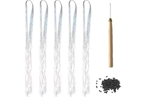 MEMOFYND 1200 szt. srebrnych włosów laserowych, 1 szydełko i 100 szt. pierścieni do splicingu do peruk, przedłużone włosy, migające włosy, zestaw do przedłużania włosów dla kobiet, 120 cm