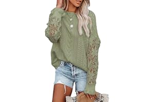 Maavoki Sweter damski, koronkowy sweter z dzianiny, luźny, okrągły dekolt, koronka, długi rękaw, szydełkowany, elegancki, jednokolorowy, patchworkowy, dziergany, z długim rękawem