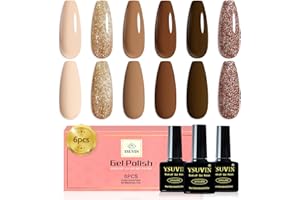 YSUVIN Smalti Semipermanenti Unghie, 6 Colori Marrone Scuro Cioccolato Caramello Caffè Nudo Beige Glitter Champagne Oro Autunno Inverno Smalti Gel Soak Off UV LED, DIY Nail Art Salon, 8 ML